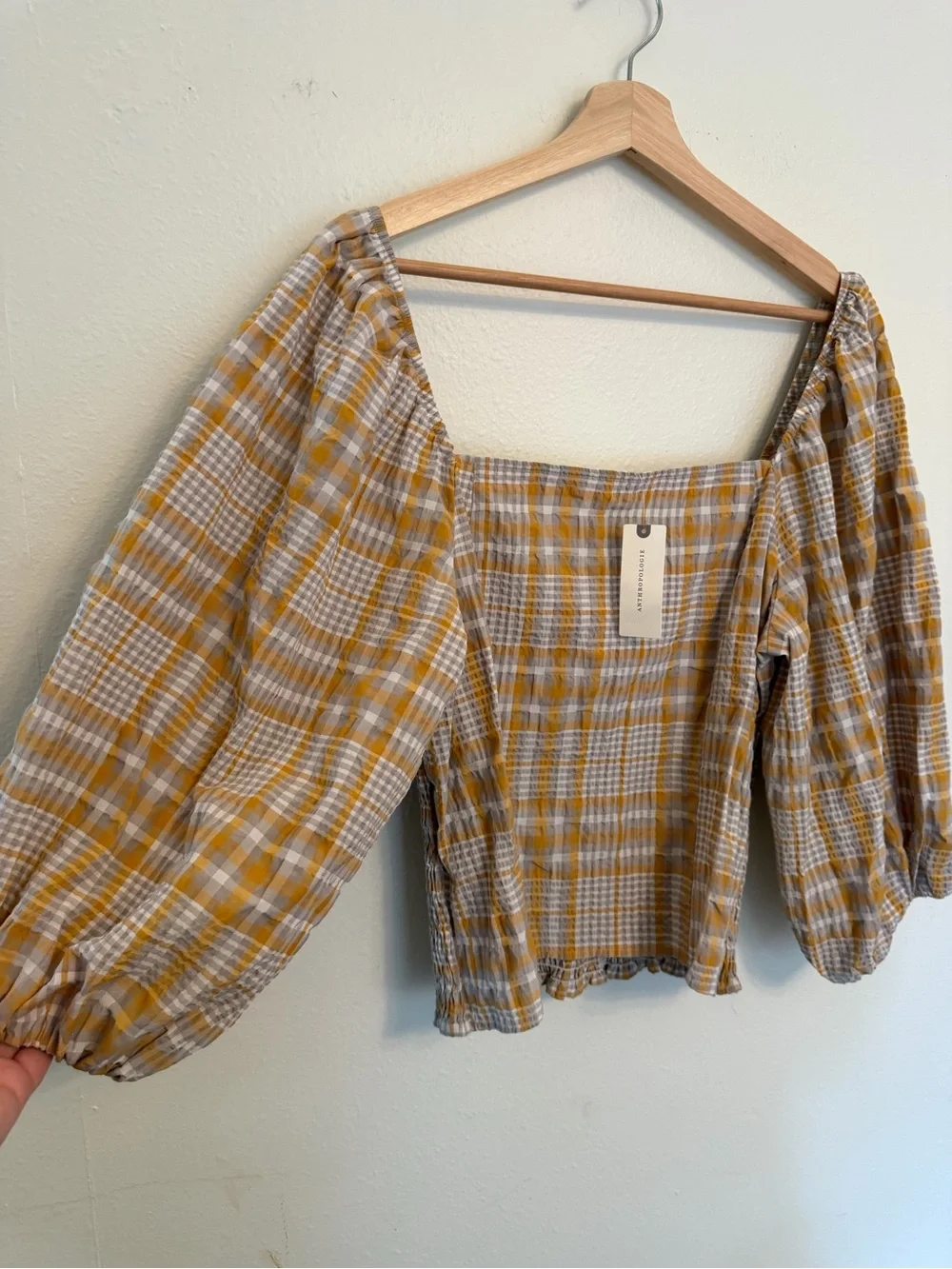 Anthropologie Mustard and Cream Plaid Puff-Sleeve Square-Neck Top